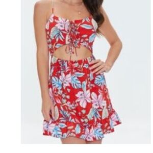 Women's, New Sz Large, Floral Woven Sexy Summer Sun Dress front Peekaboo, Tie Up